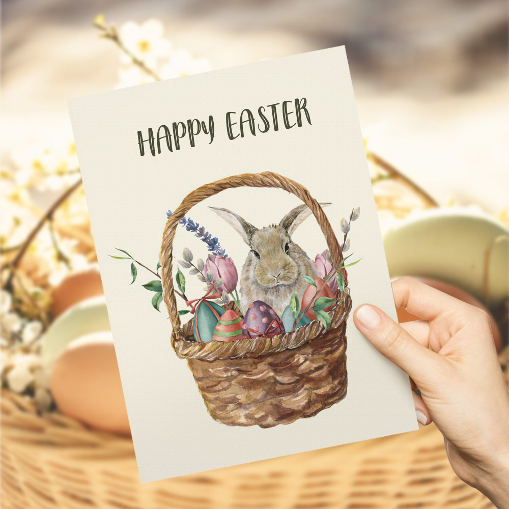 HAPPY EASTER Cute Bunny with Flowers and Colorful Eggs Greeting Card ...